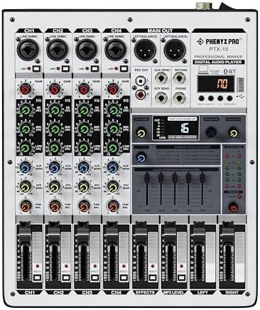 Professional Audio Mixer, Phenyx Pro Sound Console w/USB Audio Interface, 4-Channel Sound board DJ Mixer w/Stereo Equalizer, 16 DSP Effects, suitable for Stage, Live Gigs, and Karaoke (PTX-15)